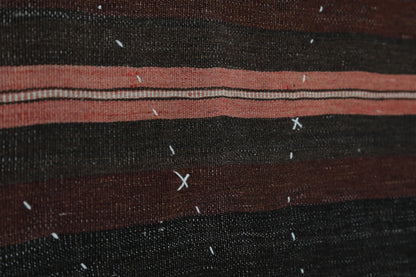 3x4 Vintage Turkish Tapestry Rug, Dark Brown Burgundy Striped Wool Cotton Textile, Woven Wall Art