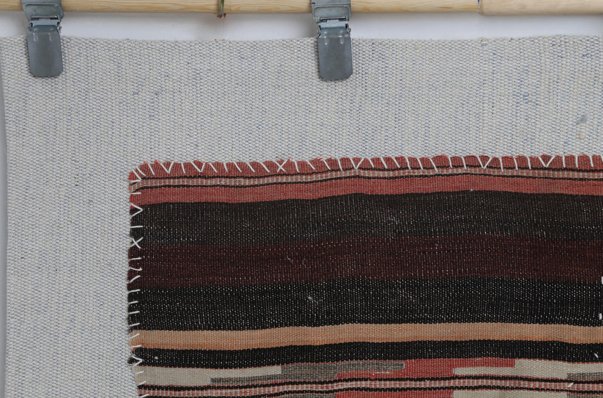 3x4 Vintage Turkish Tapestry Rug, Dark Brown Burgundy Striped Wool Cotton Textile, Woven Wall Art