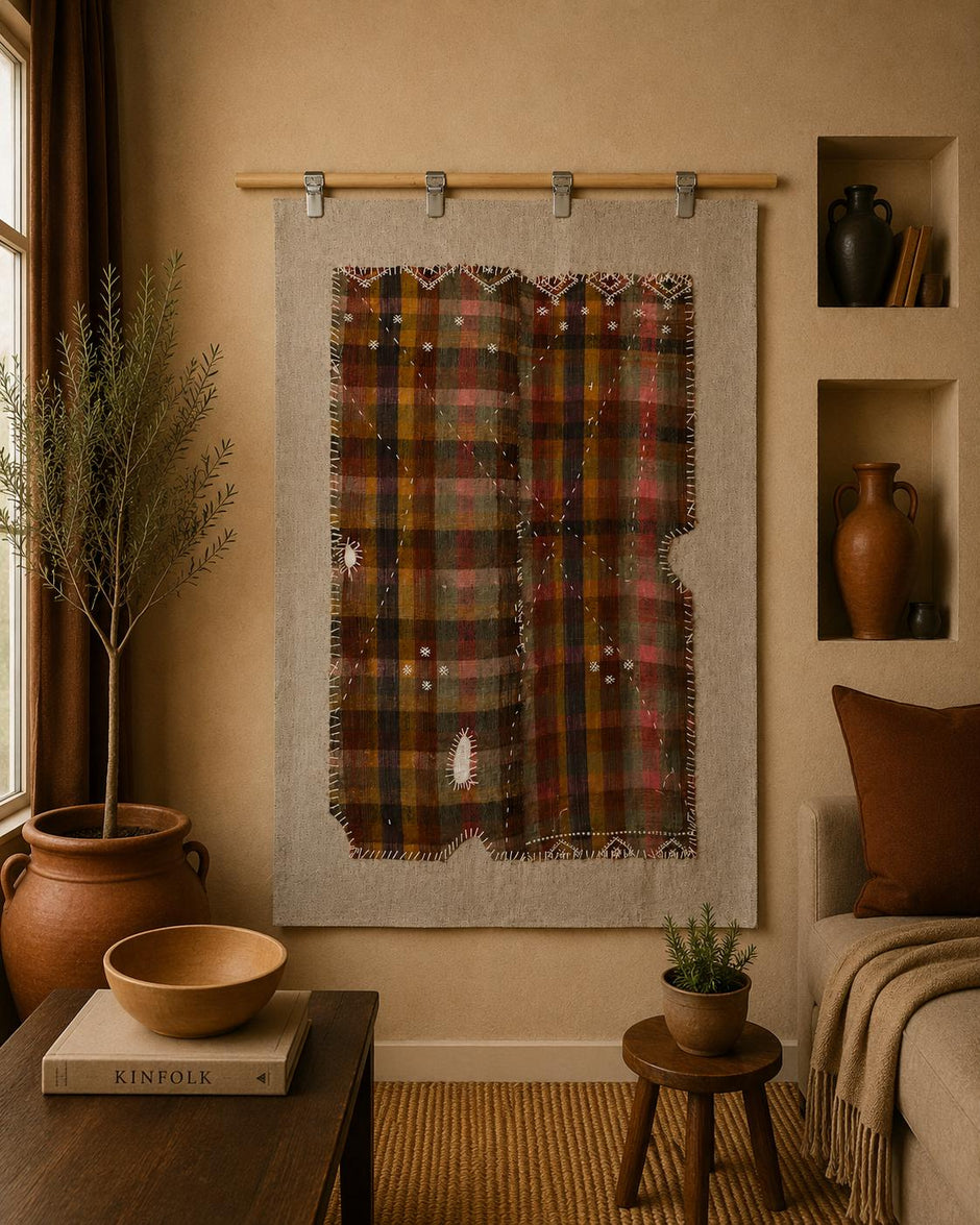 3x4 Vintage Turkish Tapestry Rug, Plaid Wool Textile Wall Hanging, Patchwork Kilim Wall Art