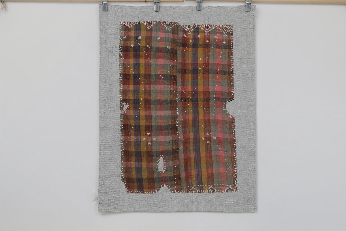 3x4 Vintage Turkish Tapestry Rug, Plaid Wool Textile Wall Hanging, Patchwork Kilim Wall Art