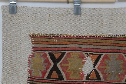3x4 Vintage Turkish Tapestry Rug, Geometric Wool Kilim Wall Hanging, Woven Textile Wall Art