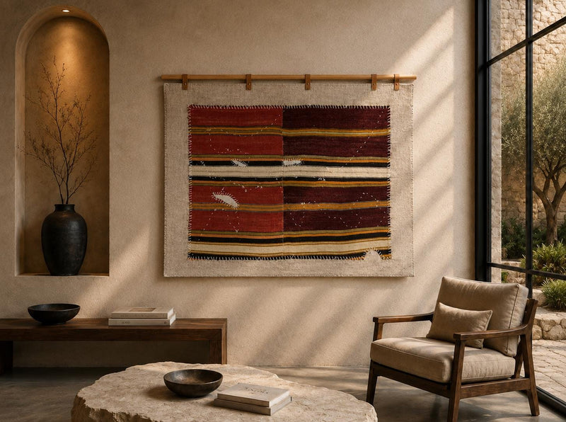 Vintage Turkish Tapestry Rug, Beige Brown Striped Wall Hanging (3'4" x 4'5") - photo 1 of 7