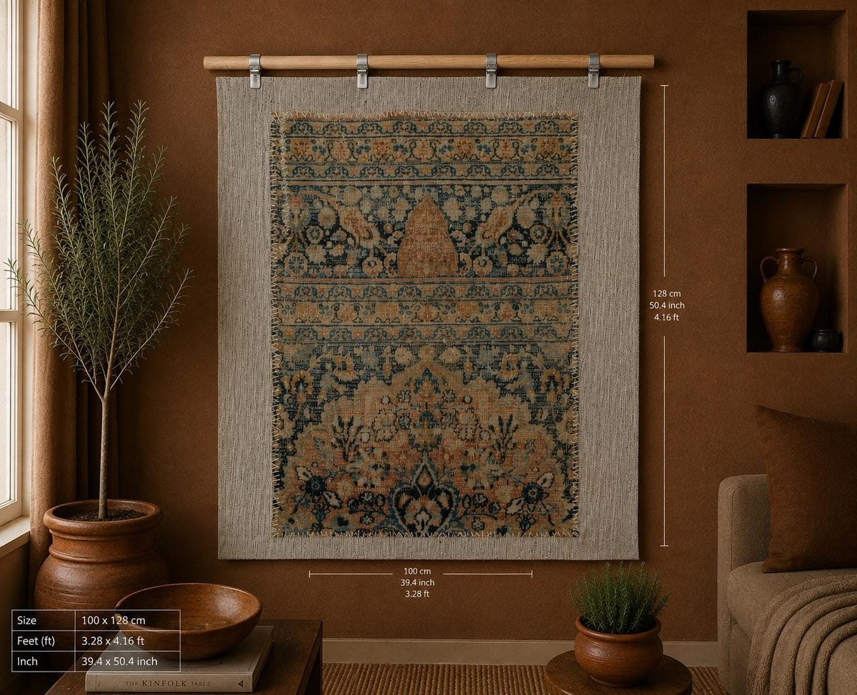 3x4 Vintage Turkish Tapestry Rug, Beige Blue Traditional Wool Textile, Antique Style Woven Wall Art