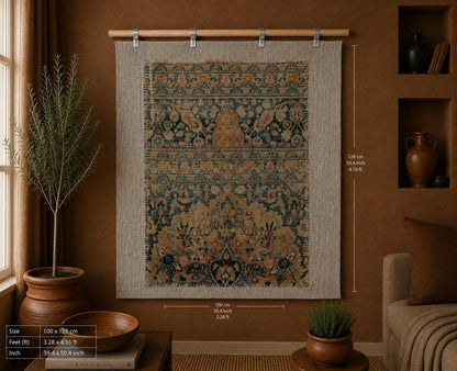 3x4 Vintage Turkish Tapestry Rug, Beige Blue Traditional Wool Textile, Antique Style Woven Wall Art