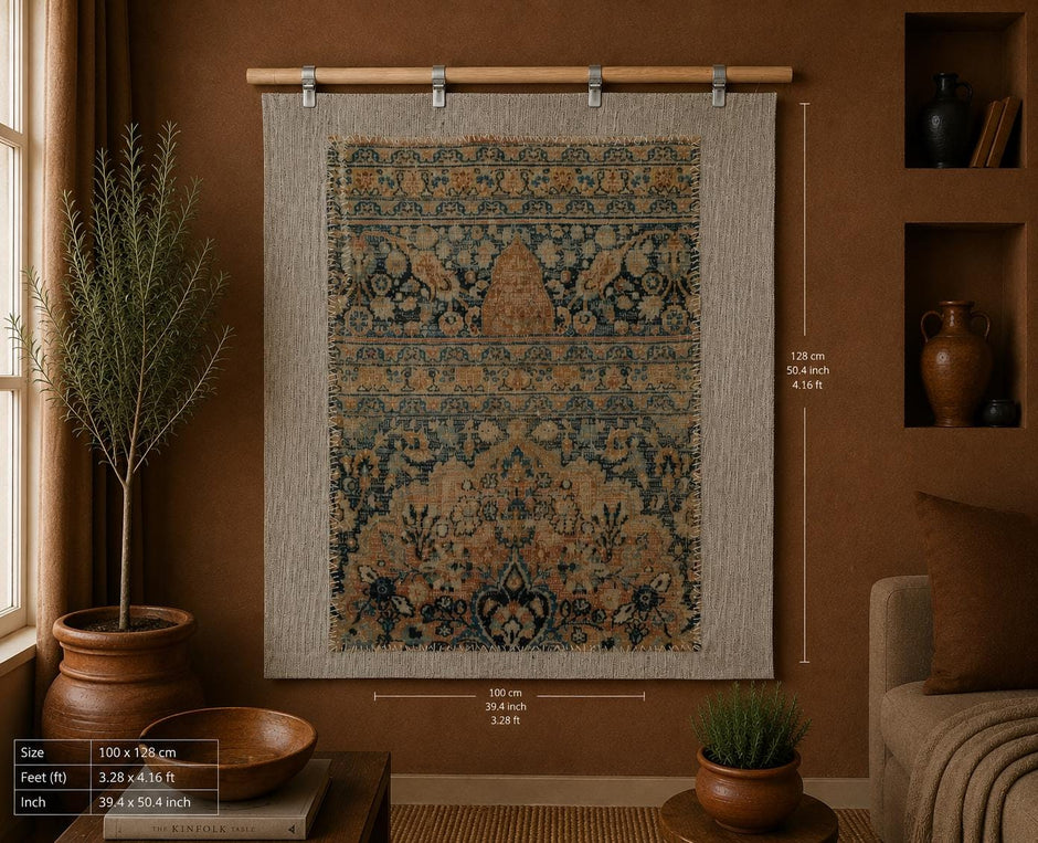 3x4 Vintage Turkish Tapestry Rug, Beige Blue Traditional Wool Textile, Antique Style Woven Wall Art