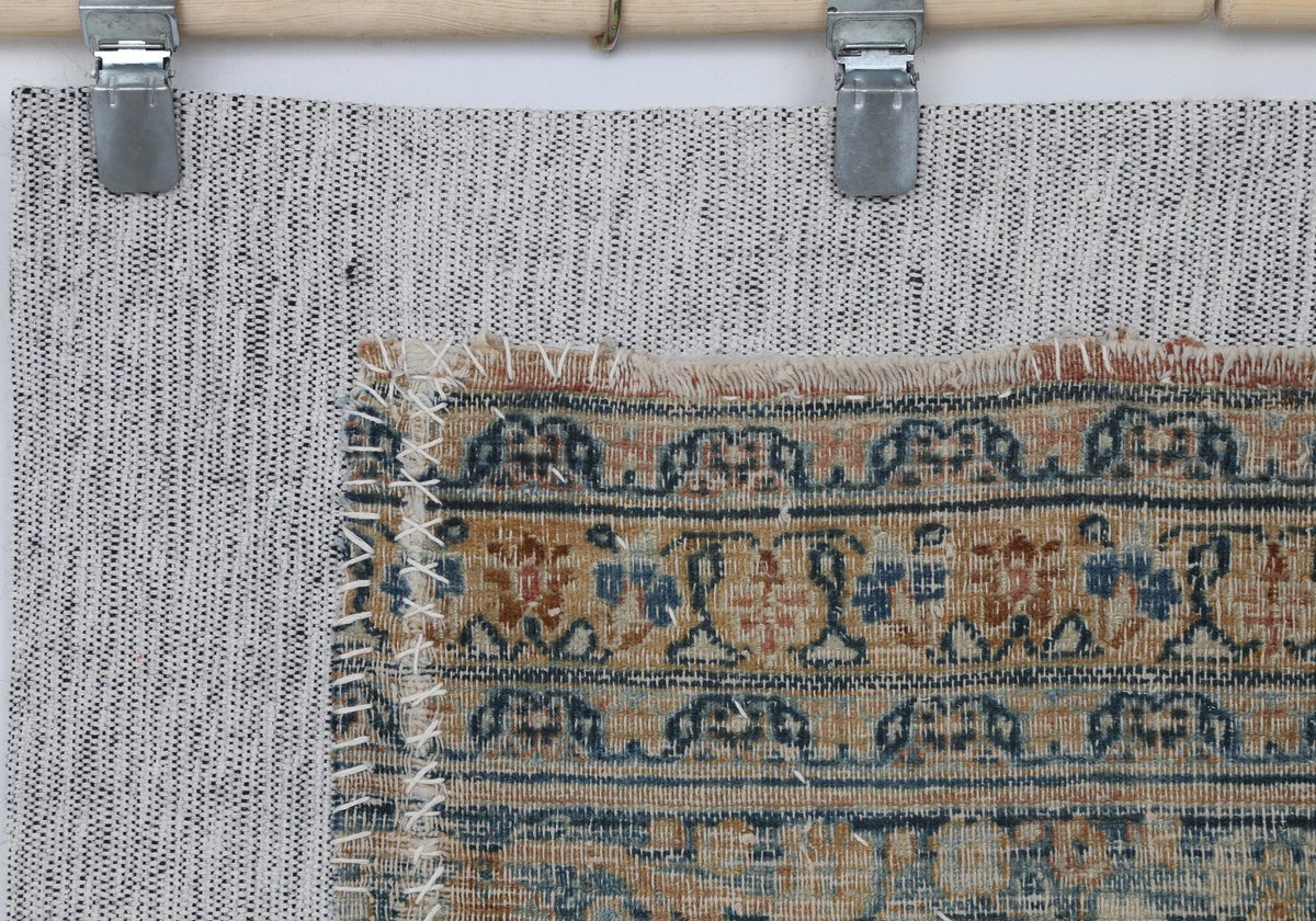 3x4 Vintage Turkish Tapestry Rug, Beige Blue Traditional Wool Textile, Antique Style Woven Wall Art