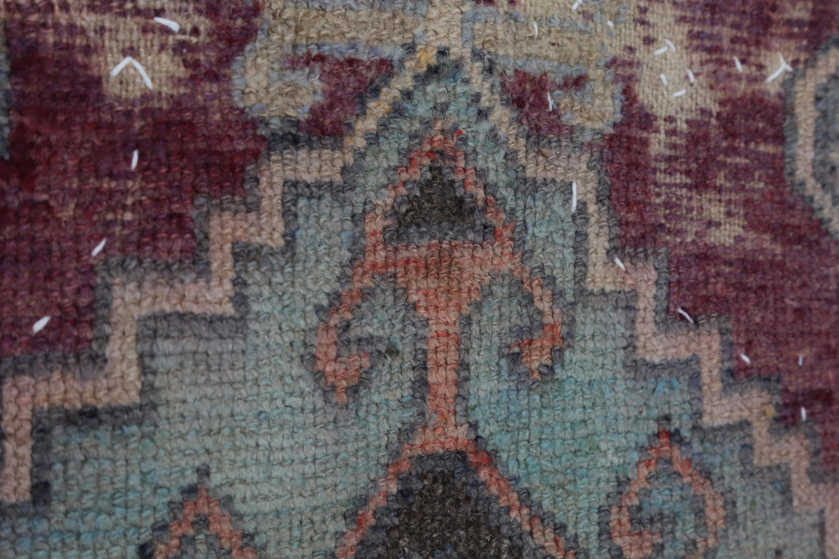 3x4 Vintage Turkish Tapestry Rug, Faded Red Blue Geometric Wool Textile, Woven Wall Art