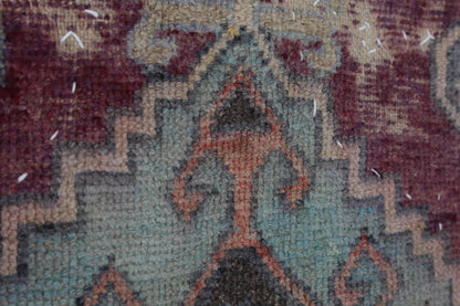 3x4 Vintage Turkish Tapestry Rug, Faded Red Blue Geometric Wool Textile, Woven Wall Art