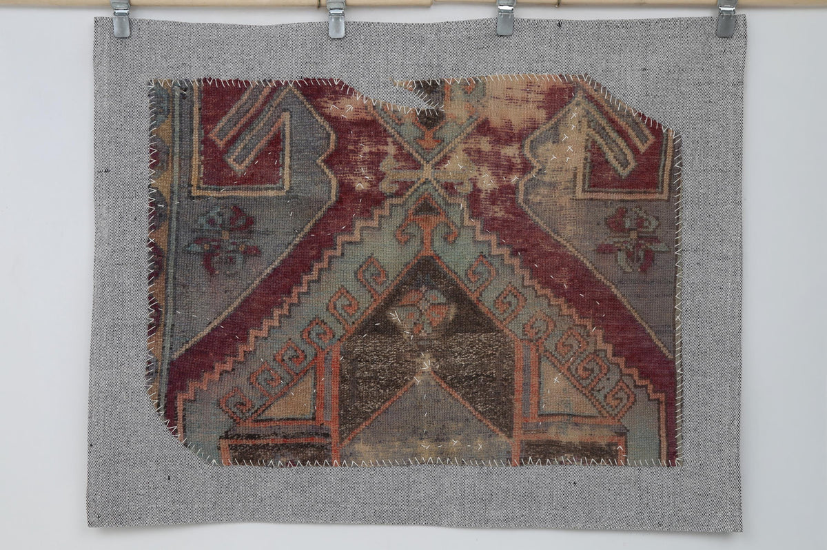 3x4 Vintage Turkish Tapestry Rug, Faded Red Blue Geometric Wool Textile, Woven Wall Art