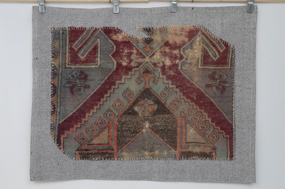 3x4 Vintage Turkish Tapestry Rug, Faded Red Blue Geometric Wool Textile, Woven Wall Art