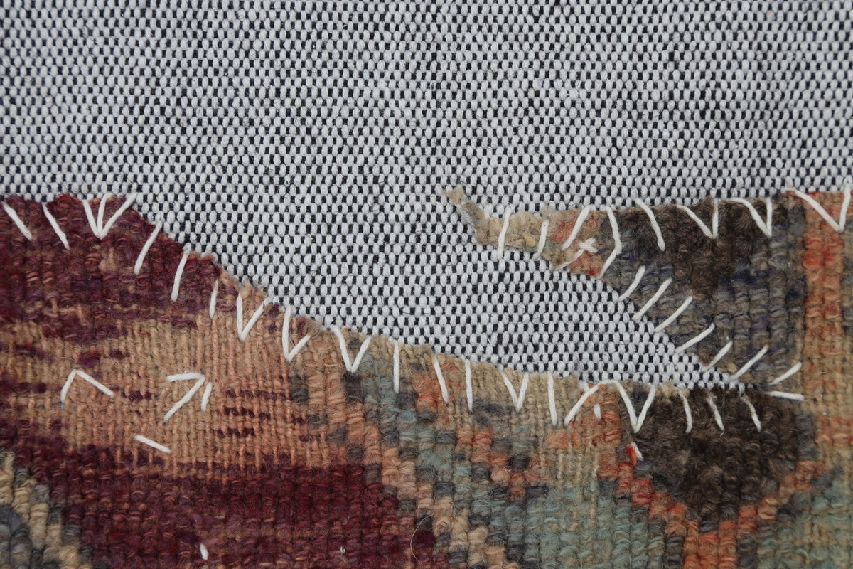3x4 Vintage Turkish Tapestry Rug, Faded Red Blue Geometric Wool Textile, Woven Wall Art