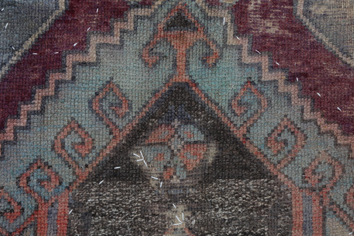 3x4 Vintage Turkish Tapestry Rug, Faded Red Blue Geometric Wool Textile, Woven Wall Art