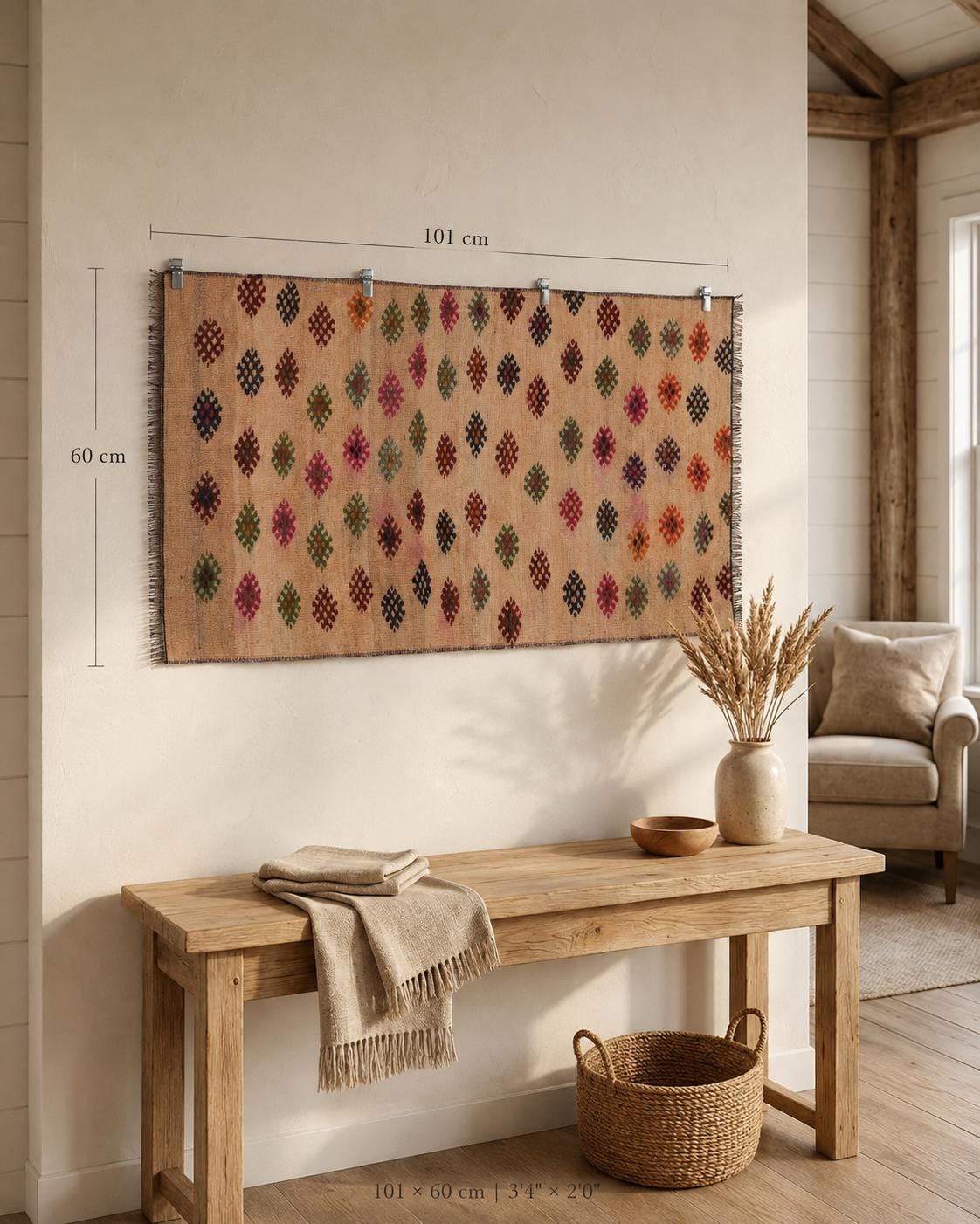 2x3 Vintage Turkish Kilim Tapestry, Wool  Wall Hanging, Geometric Woven Textile Wall Art