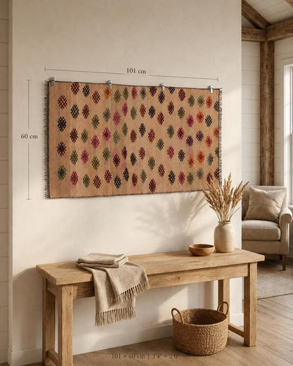 2x3 Vintage Turkish Kilim Tapestry, Wool  Wall Hanging, Geometric Woven Textile Wall Art