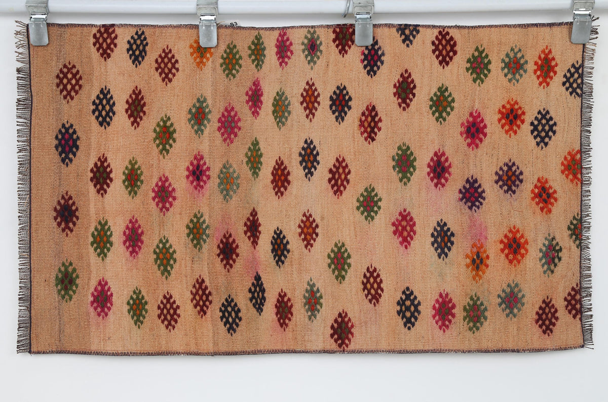 2x3 Vintage Turkish Kilim Tapestry, Wool  Wall Hanging, Geometric Woven Textile Wall Art