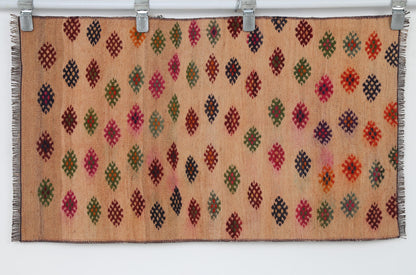 2x3 Vintage Turkish Kilim Tapestry, Wool  Wall Hanging, Geometric Woven Textile Wall Art