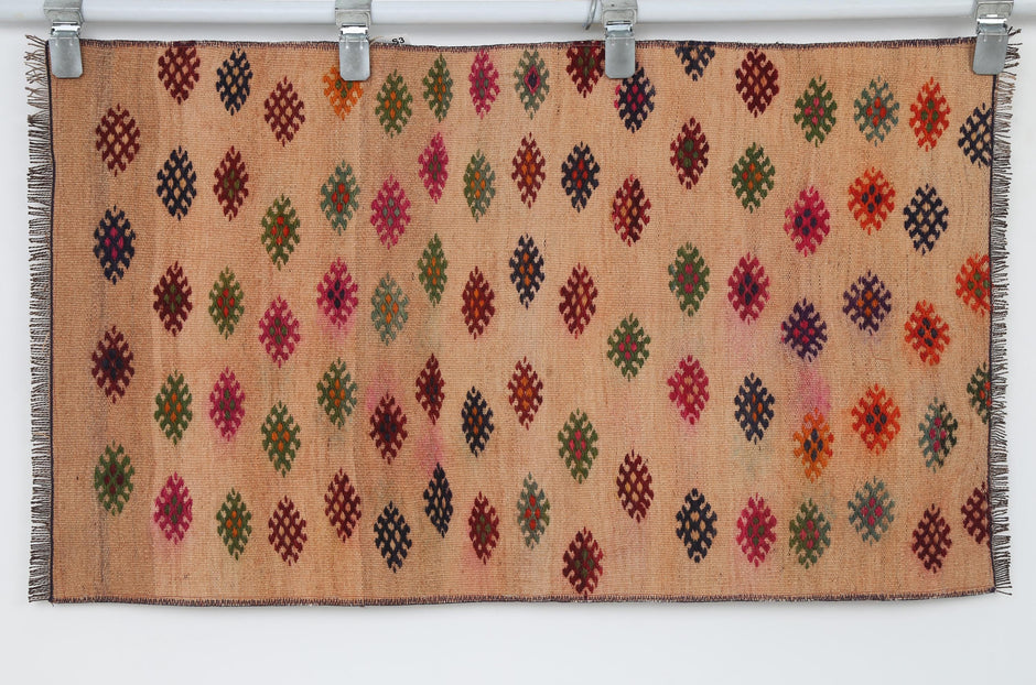 2x3 Vintage Turkish Kilim Tapestry, Wool  Wall Hanging, Geometric Woven Textile Wall Art