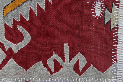 3x5 Vintage Turkish Tapestry Rug, Red Geometric Wool Textile Wall Hanging, Kilim Wall Art