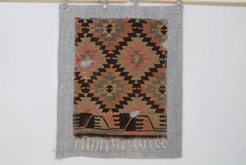 Vintage Turkish Kilim Tapestry Rug, Rust Black Diamond Wall Hanging (3'5" x 4'2")
