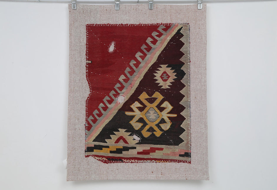 3x4 Vintage Turkish Wool Tapestry Rug, Kilim Textile Wall Hanging, Geometric Fiber Wall Art