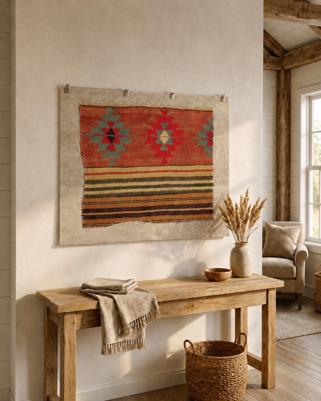 3x4 Vintage Turkish Wool Tapestry Rug,Kilim Wall Art, Geometric Woven Textile Wall Hanging