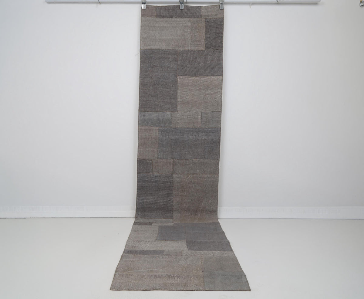 2x10 Vintage Hemp Runner Rug, Gray Turkish Patchwork Runner, Neutral Narrow Hallway Rug