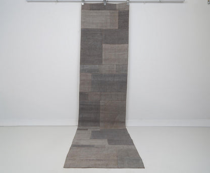 2x10 Vintage Hemp Runner Rug, Gray Turkish Patchwork Runner, Neutral Narrow Hallway Rug