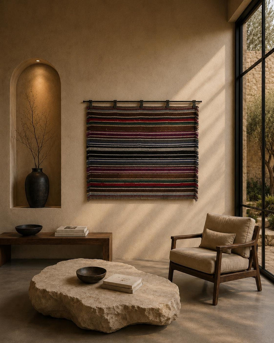 3x4 Vintage Turkish Tapestry Rug, Handmade Striped Wall Hanging, Wool Cotton Textile Wall Art, Boho Woven Decor