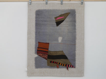 3x4 Vintage Turkish Tapestry Rug, Gray Abstract Hemp Wool Textile, Minimalist Woven Wall Art