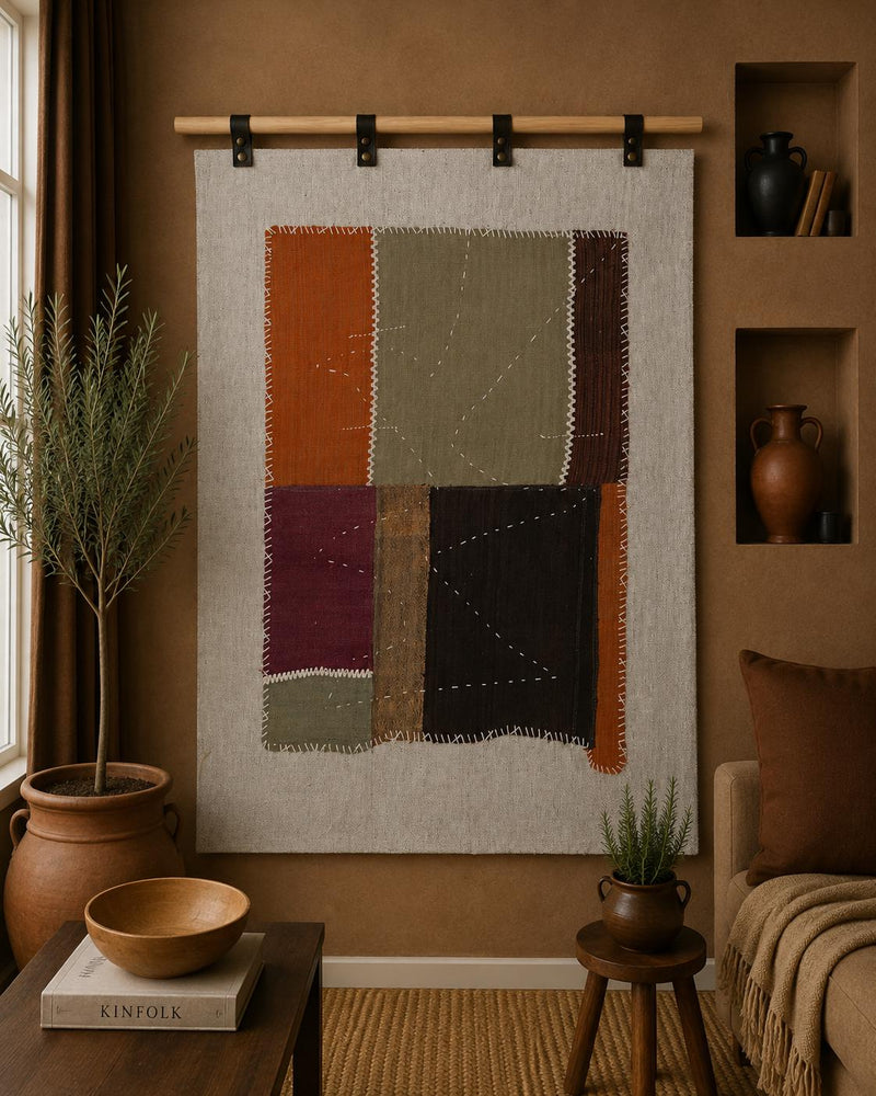 Vintage Turkish Patchwork Tapestry Rug, Rust Green Color Block Wall Hanging (3'5" x 4'2") - photo 1 of 9