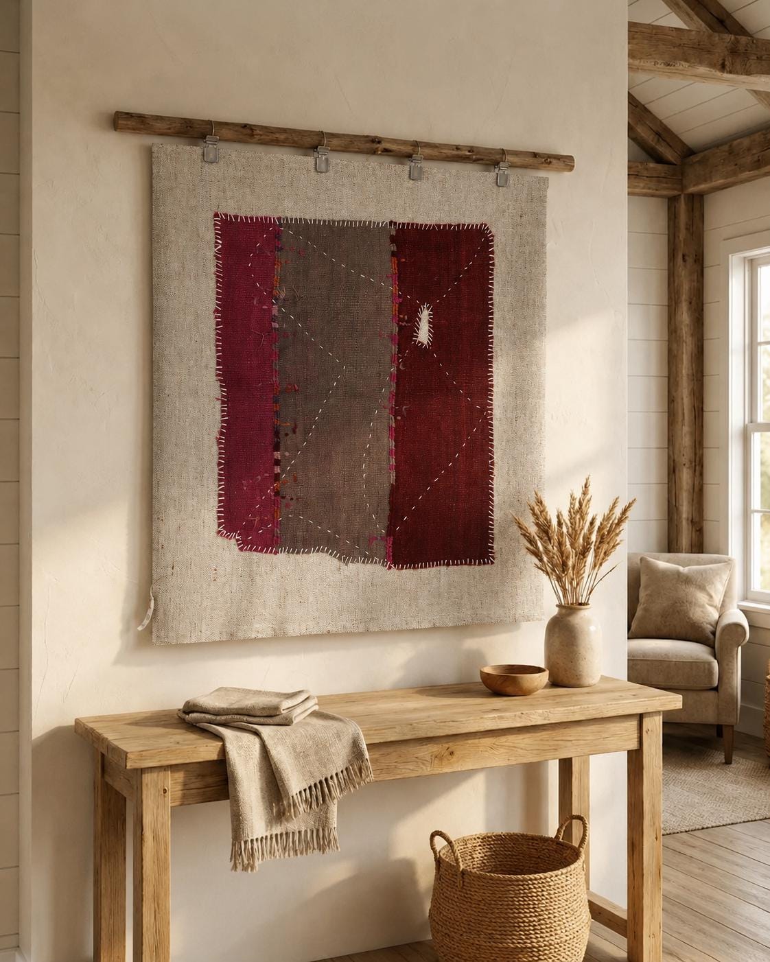 3x4 Vintage Turkish Wool Tapestry Rug, Hand Stitched Textile Wall Hanging, Minimalist Woven Wall Art