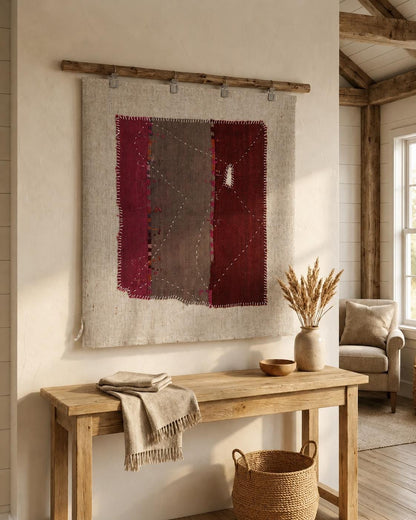 3x4 Vintage Turkish Wool Tapestry Rug, Hand Stitched Textile Wall Hanging, Minimalist Woven Wall Art