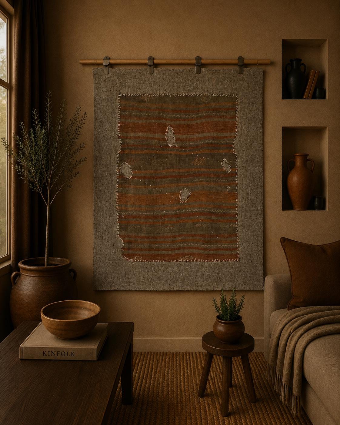 3x4 Vintage Turkish Tapestry Rug, Striped Wool Textile Wall Hanging, Earth Tone Fiber Wall Art