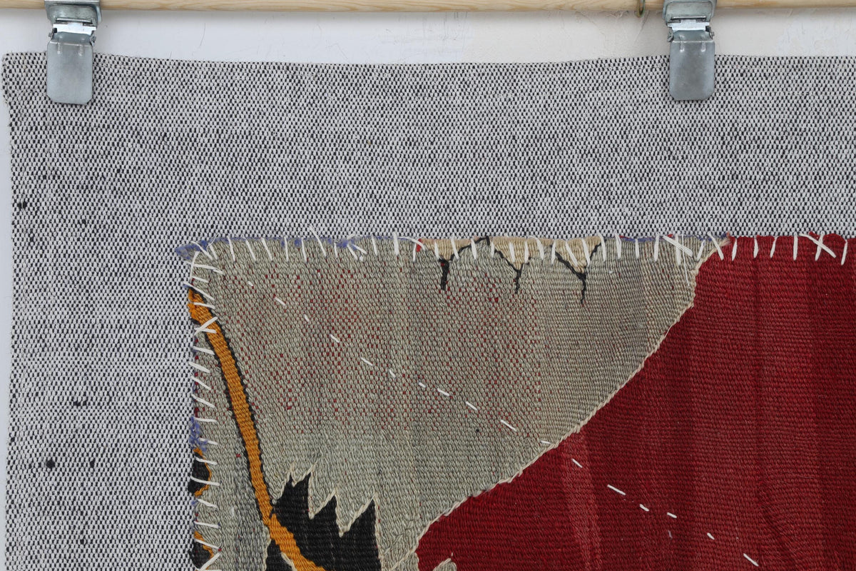 3x4 Vintage Turkish Tapestry Rug, Red Wool Textile Wall Hanging, Geometric Kilim Fiber Wall Art