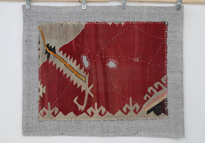 3x4 Vintage Turkish Tapestry Rug, Red Wool Textile Wall Hanging, Geometric Kilim Fiber Wall Art