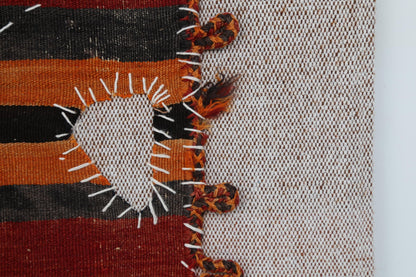 3x4 Vintage Turkish Tapestry Rug, Red Orange Striped Wool Wall Hanging, Geometric Textile Wall Art