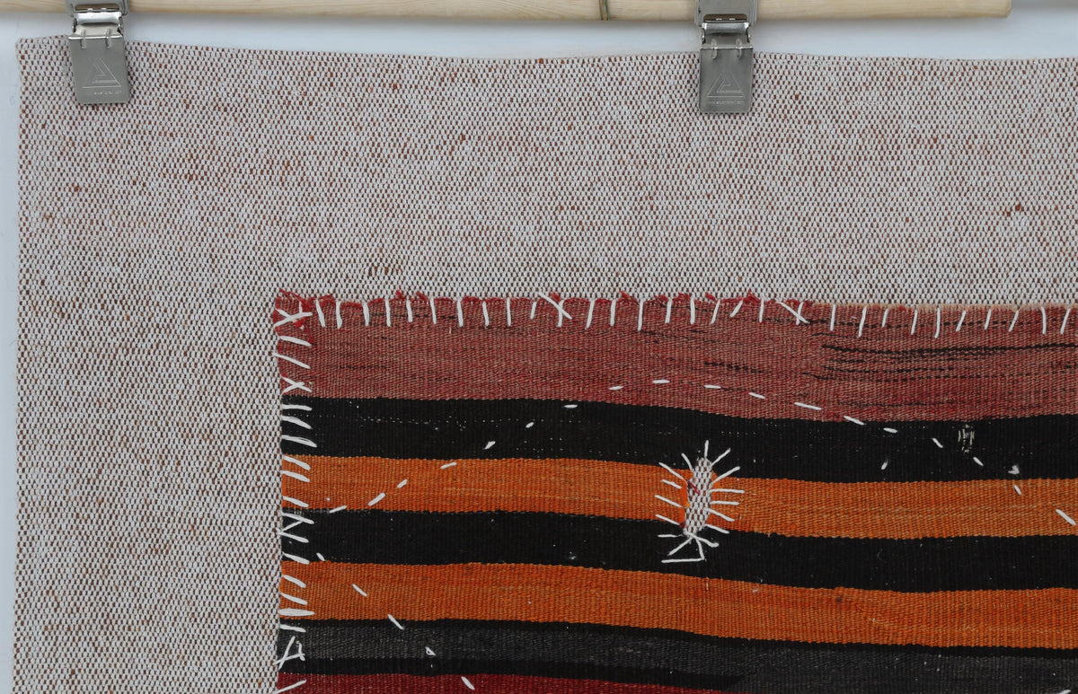 3x4 Vintage Turkish Tapestry Rug, Red Orange Striped Wool Wall Hanging, Geometric Textile Wall Art