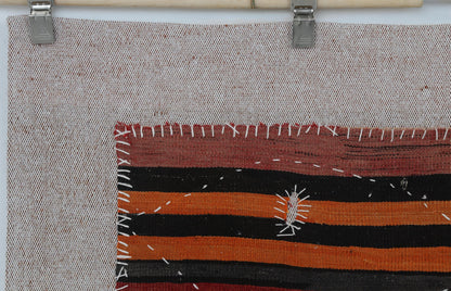 3x4 Vintage Turkish Tapestry Rug, Red Orange Striped Wool Wall Hanging, Geometric Textile Wall Art