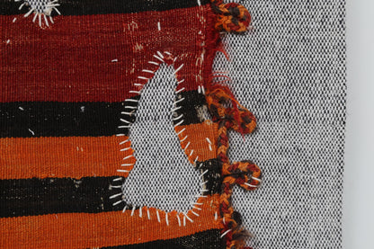3x4 Vintage Turkish Tapestry Rug, Red Orange Striped Wool Cotton Wall Hanging, Geometric Textile Wall Art