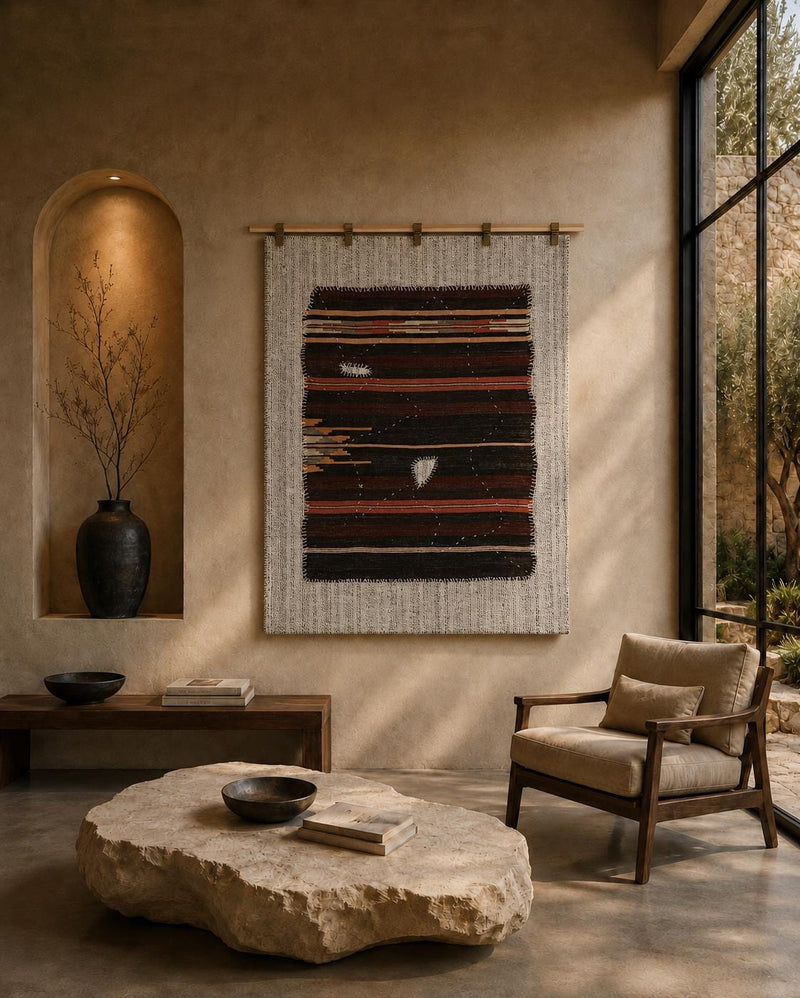 Vintage Turkish Tapestry Rug, Brown Striped Wall Hanging (3'5" x 4'6") - photo 1 of 10