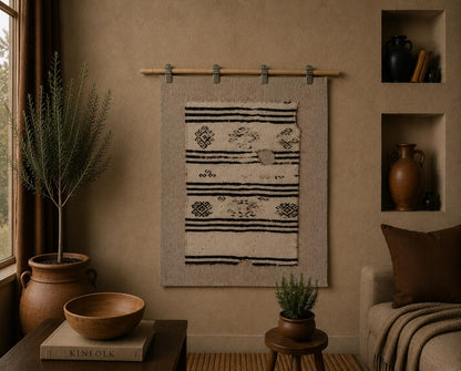 3x4 Vintage Turkish Tapestry Rug, Black White Hemp Wool Wall Hanging, Geometric Striped Textile Wall Art