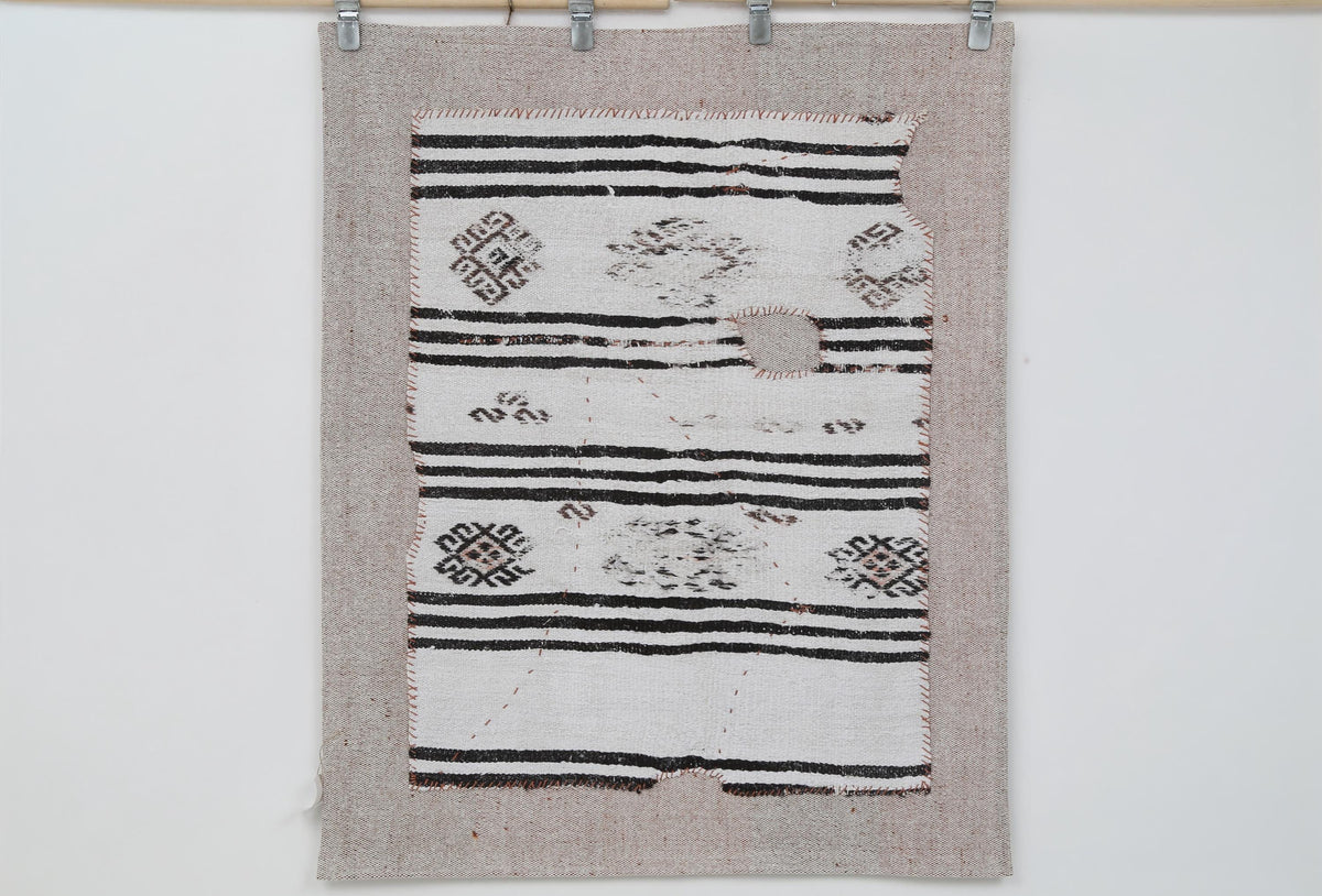 3x4 Vintage Turkish Tapestry Rug, Black White Hemp Wool Wall Hanging, Geometric Striped Textile Wall Art
