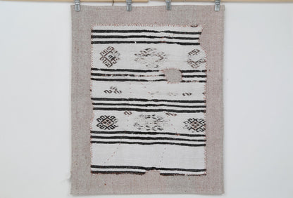 3x4 Vintage Turkish Tapestry Rug, Black White Hemp Wool Wall Hanging, Geometric Striped Textile Wall Art