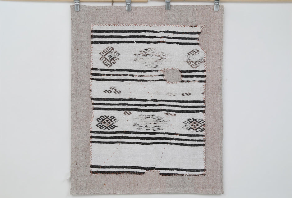 3x4 Vintage Turkish Tapestry Rug, Black White Hemp Wool Wall Hanging, Geometric Striped Textile Wall Art