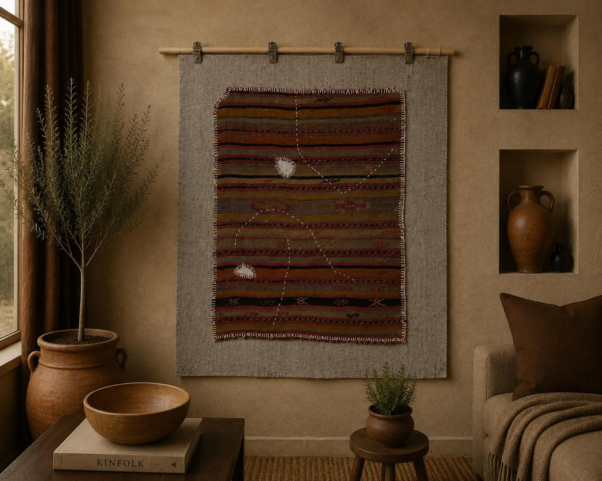 3x4 Vintage Turkish Tapestry Rug, Brown Striped Wool Wall Hanging, Rustic Geometric Textile Wall Art