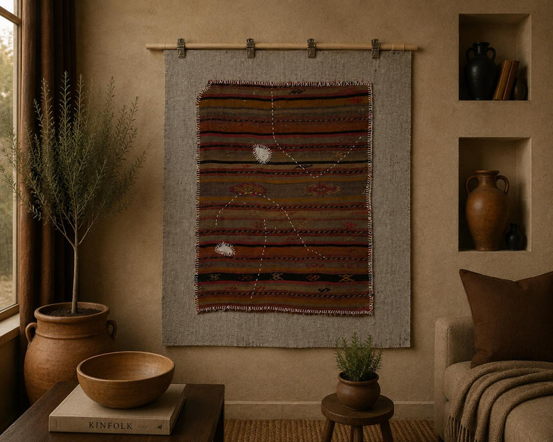 Vintage Turkish Tapestry Rug, Brown Rust Striped, Rustic, Wool Wall Hanging (3'5" x 4'3") No. 249627 - photo 1 of 10