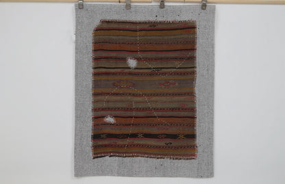 3x4 Vintage Turkish Tapestry Rug, Brown Striped Wool Wall Hanging, Rustic Geometric Textile Wall Art