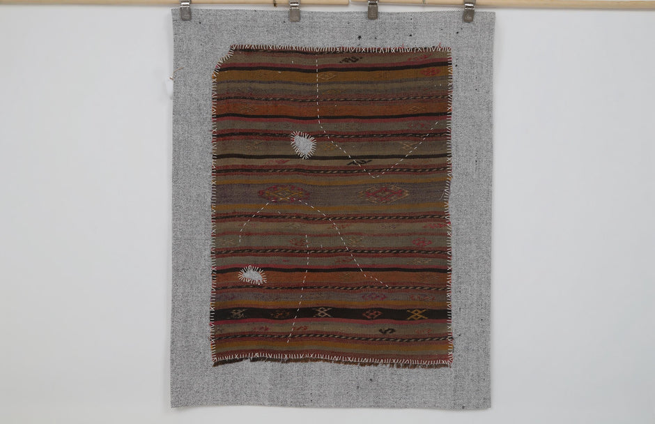 3x4 Vintage Turkish Tapestry Rug, Brown Striped Wool Wall Hanging, Rustic Geometric Textile Wall Art