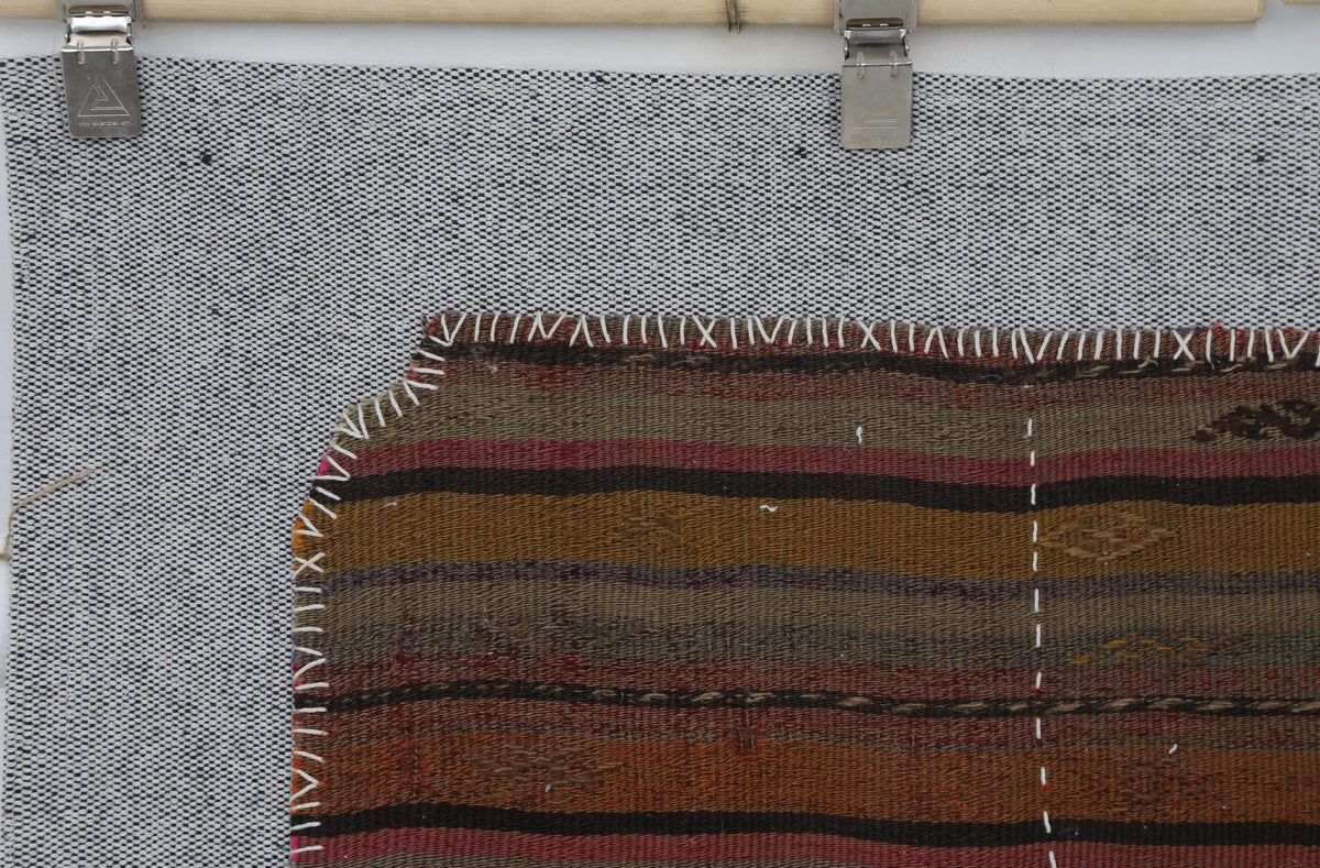 3x4 Vintage Turkish Tapestry Rug, Brown Striped Wool Wall Hanging, Rustic Geometric Textile Wall Art