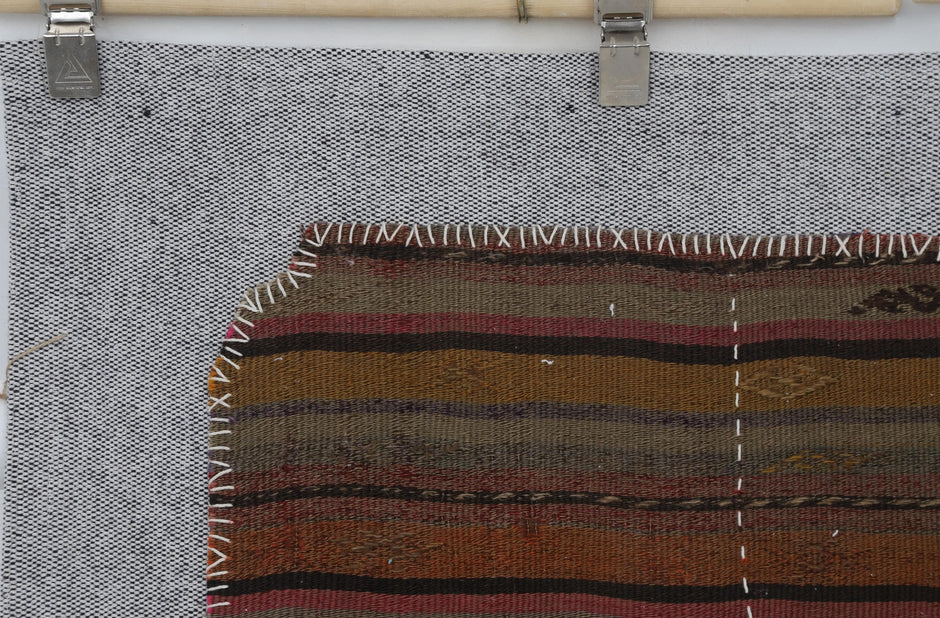 3x4 Vintage Turkish Tapestry Rug, Brown Striped Wool Wall Hanging, Rustic Geometric Textile Wall Art